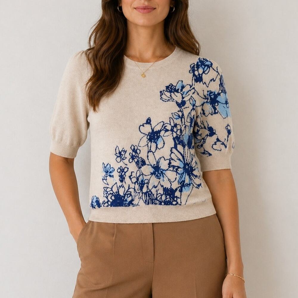 Maeve Sonal Nathwani Floral Knit Top XS Blue Cream Short Sleeve Boho Chic Spring
